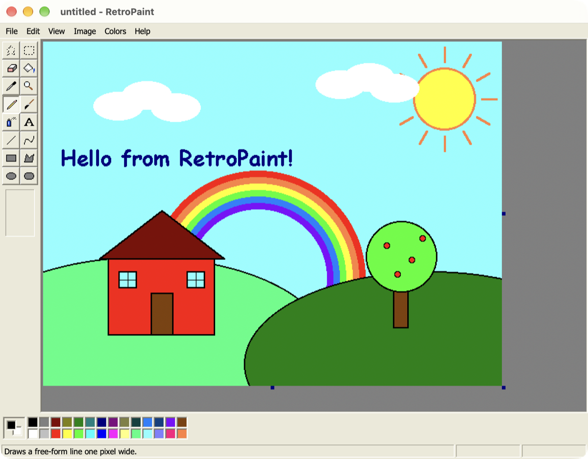RetroPaint on a Mac showing a drawing of a house, rainbow and tree